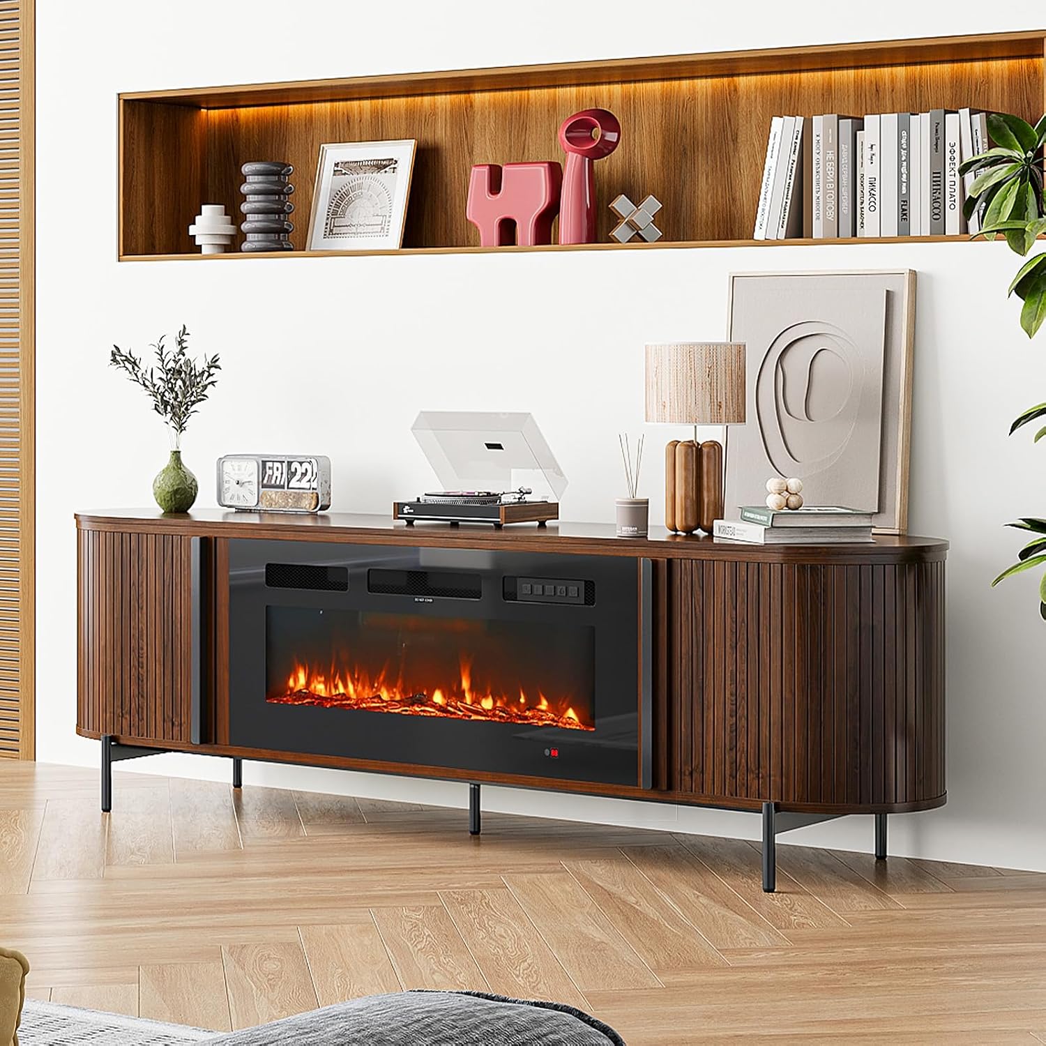 Luxury 70' Fluted TV Stand with Fireplace, Modern Chic Entertainment Center for TVs Up to 80', TV Console for Living Room, Media Cabinet with Storage,70 Inch, Brown