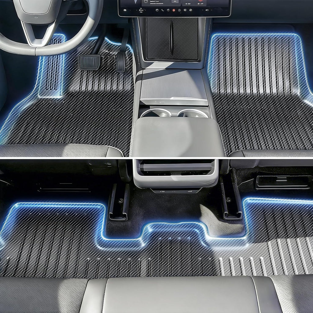 Carbon Fiber Pattern Floor Mats Custom Fit for Tesla Model Y Juniper 2025 2026 5-Seater,8-Piece All Weather TPE Set with Trunk Sill Protector & Rear Seat Back Cover(Not for Standard)