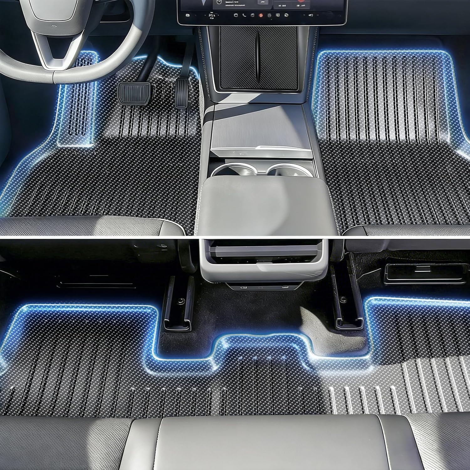 Carbon Fiber Pattern Floor Mats Custom Fit for Tesla Model Y Juniper 2025 2026 5-Seater,8-Piece All Weather TPE Set with Trunk Sill Protector & Rear Seat Back Cover(Not for Standard)