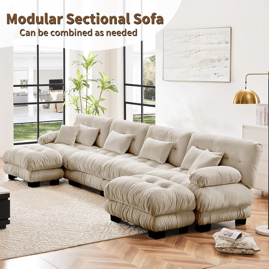 Modular Sectional Sofa, Comfy Cloud Couch 4 Seater Couch with Ottoman, Sectional Couches for Living Room, Modern Chenille U Shaped Couches, Sleeper Deep Seat Sofa with 6 Pillows, Light Coffee