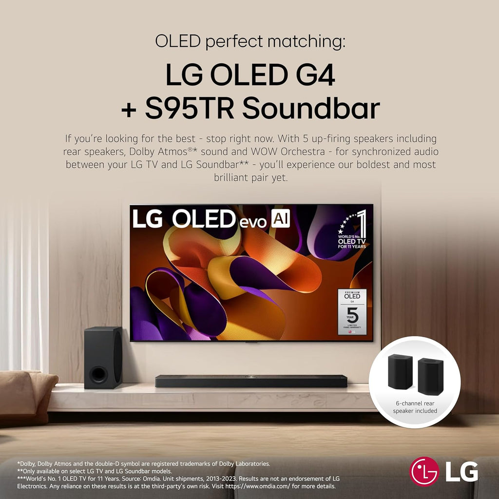 LG 77-Inch Class OLED evo G4 Series Smart TV 4K Processor Flat Screen with Alexa Built-in (OLED77G4WUA, 2024), 9.1.5 ch. Sound Bar with Wireless Dolby Atmos Soundbar and Rear Speakers
