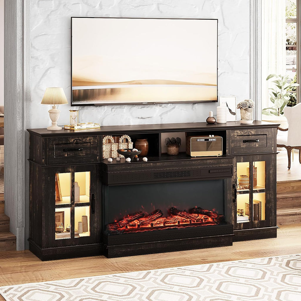 Bonnlo Fireplace TV Stand for up to 80'' TVs, Entertainment Center with 3-Sided Glass Electric Fireplace Heater, Glass Doors & Drawers, LED Media Console, Living Room, Dark Rustic Oak
