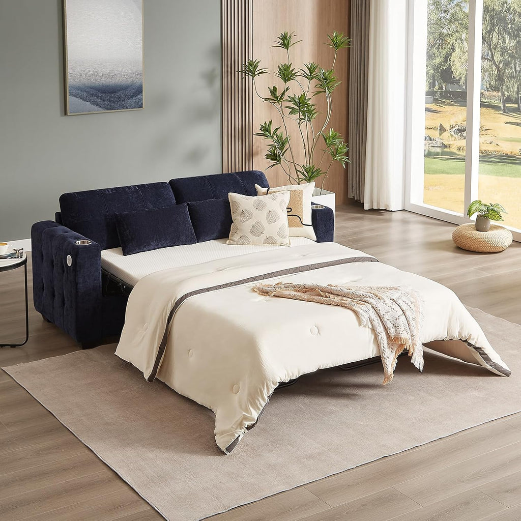 ONBRILL Pull Out Sofa Bed, Chenille Full Size Sleeper Sofa Bed with Cup Holder and USB Port, 76 inch Couch Bed with Memory Foam, Button Tufting Loveseat Couch for Living Room, Blue