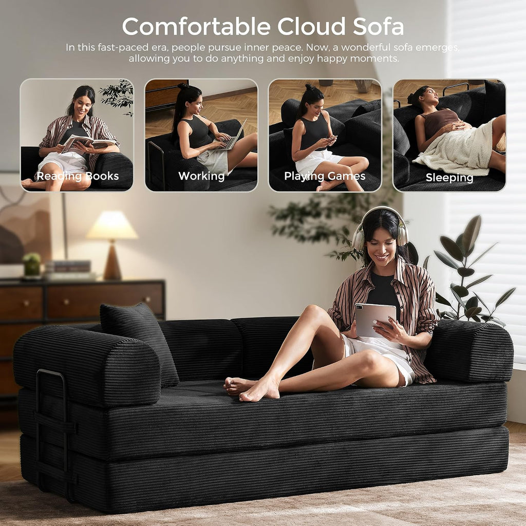 79' Convertible Sofa Bed with Fixed-Shape Frame & Removable Armrests, Modular Corduroy Sleeper Sofa, Folding Mattress Couch for Small Spaces - No Assembly Needed in Black (Includes 2 Pillows)
