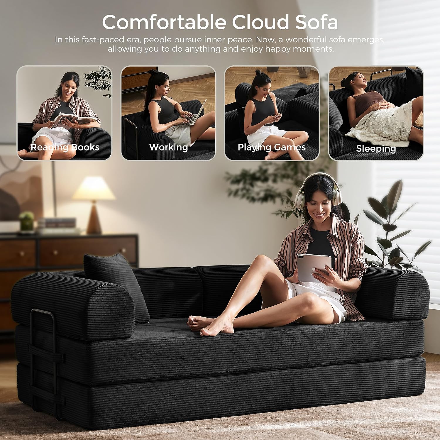 79' Convertible Sofa Bed with Fixed-Shape Frame & Removable Armrests, Modular Corduroy Sleeper Sofa, Folding Mattress Couch for Small Spaces - No Assembly Needed in Black (Includes 2 Pillows)