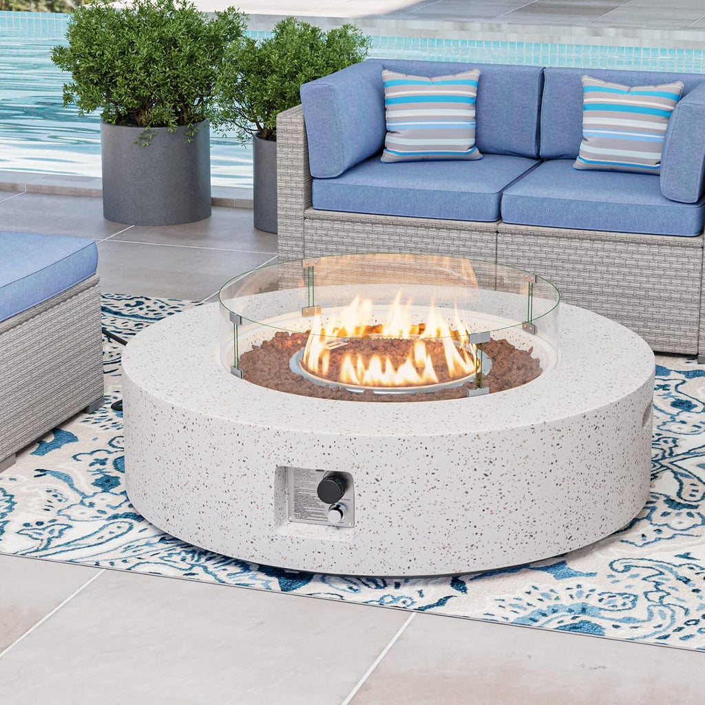COSIEST Outdoor Propane Fire Pit Coffee Table w Beige 42 inch Round Base Patio Heater, Certified, 50,000 BTU Stainless Steel Burner, Wind Guard, Tank Outside, Free Lava Rocks, Waterproof Cover