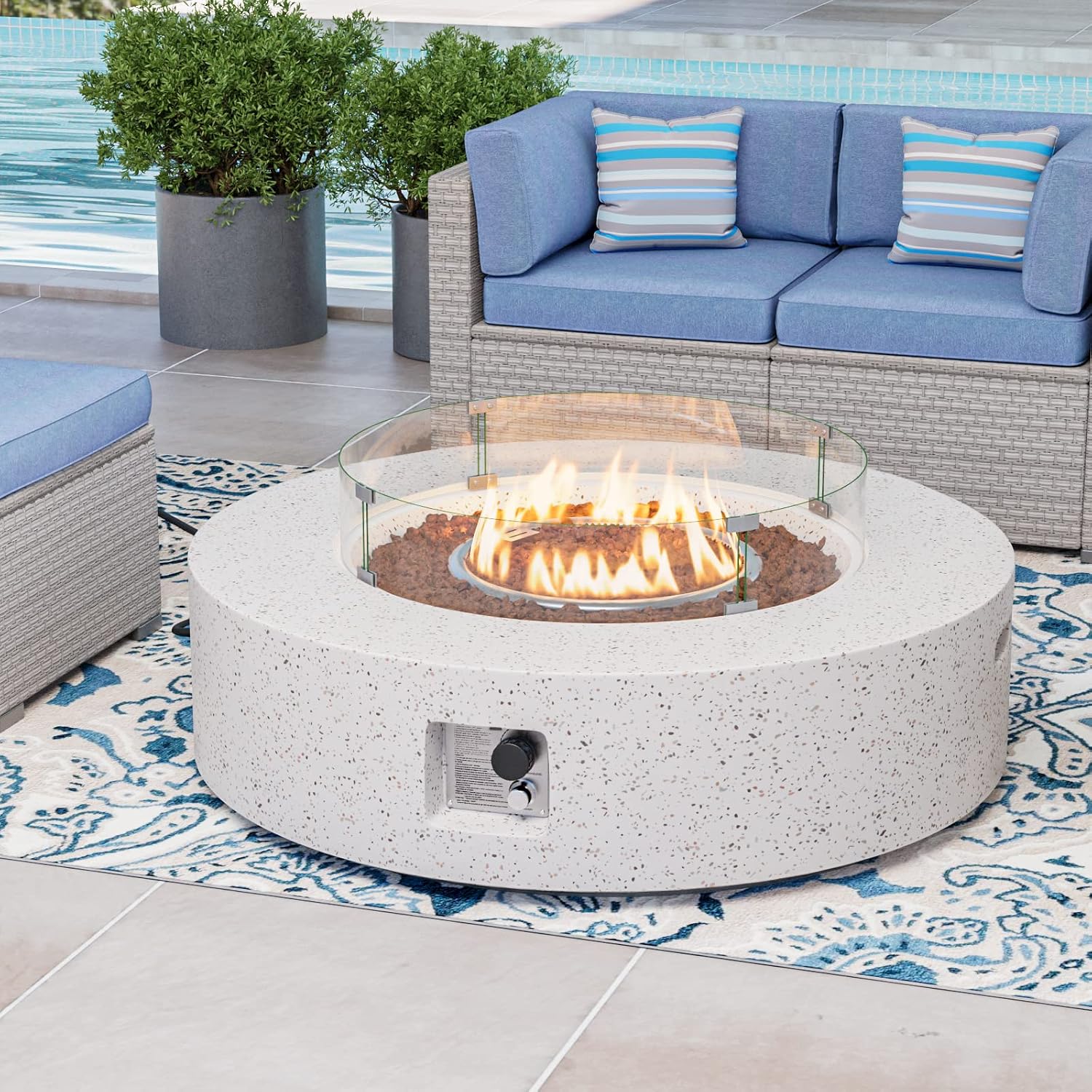 COSIEST Outdoor Propane Fire Pit Coffee Table w Beige 42 inch Round Base Patio Heater, Certified, 50,000 BTU Stainless Steel Burner, Wind Guard, Tank Outside, Free Lava Rocks, Waterproof Cover