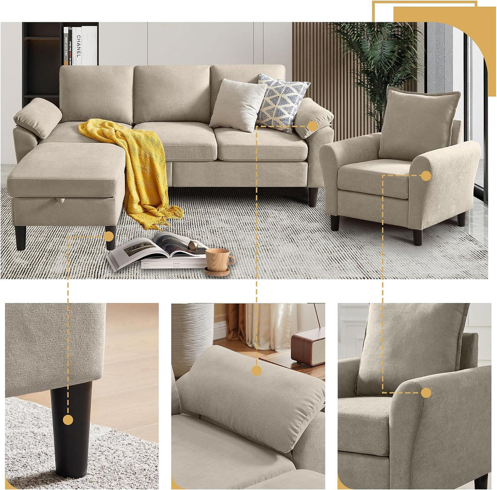 Convertible Sectional Sofa Set, 79' Modern L Shaped Couch, Linen Upholstered 3 Seat Sofa and 35' Accent Chair, Couches for Living Room, Apartment, Beige