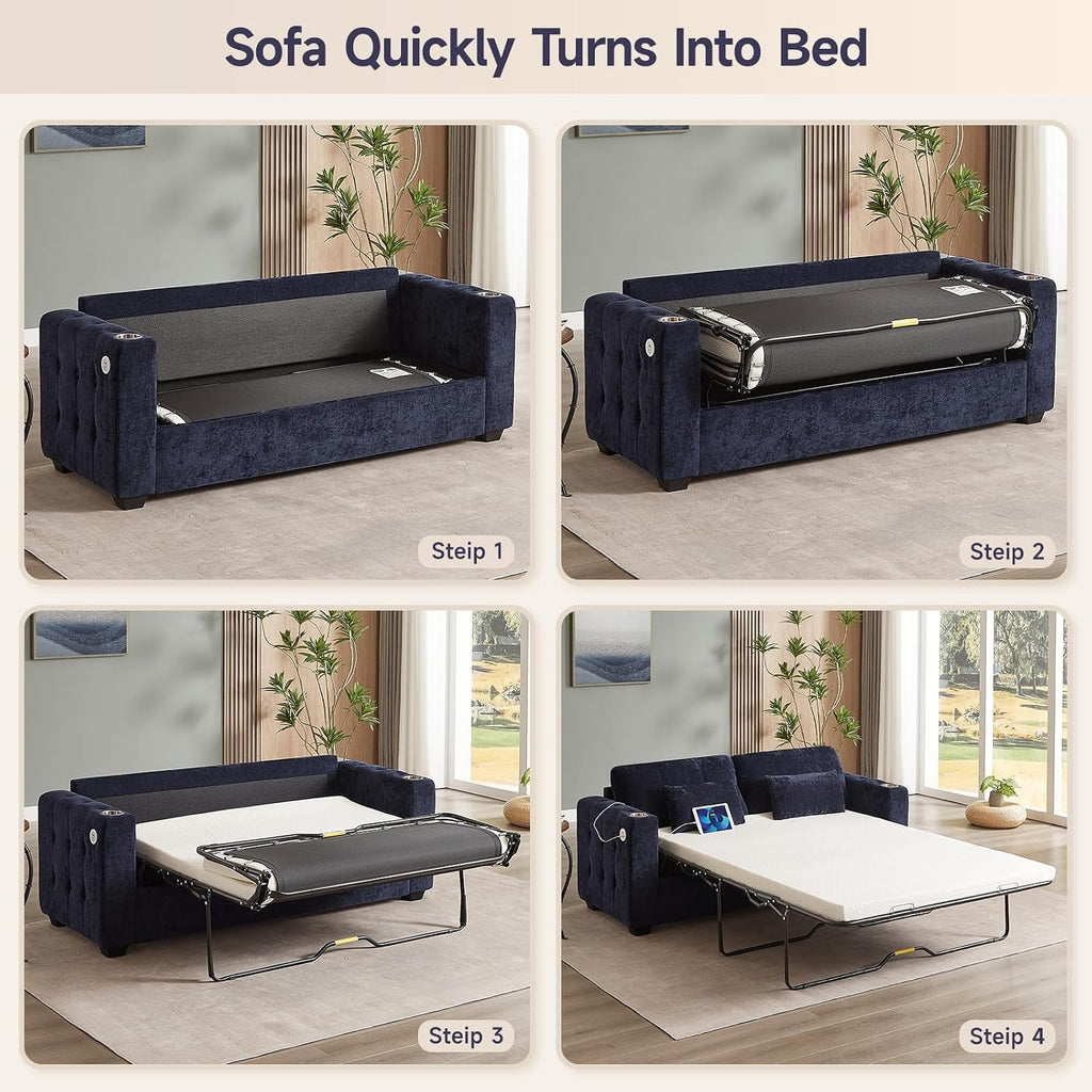 ONBRILL Pull Out Sofa Bed, Chenille Full Size Sleeper Sofa Bed with Cup Holder and USB Port, 76 inch Couch Bed with Memory Foam, Button Tufting Loveseat Couch for Living Room, Blue
