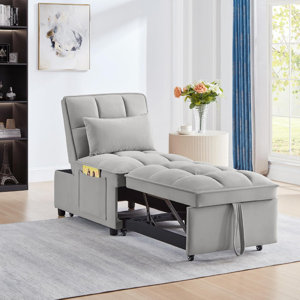Ball & Cast 4 in 1 Convertible Sleeper Chair, Velvet Single Sofa Bed with Side Pockets,Pull Out Couch with Adjustable Backrest and Pillow, Multi-Function Chaise Lounge for Livingroom,Gray