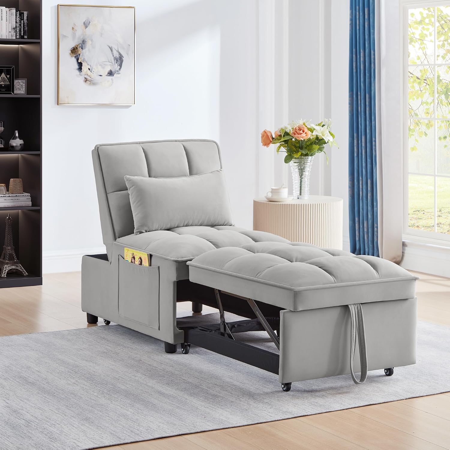 Ball & Cast 4 in 1 Convertible Sleeper Chair, Velvet Single Sofa Bed with Side Pockets,Pull Out Couch with Adjustable Backrest and Pillow, Multi-Function Chaise Lounge for Livingroom,Gray