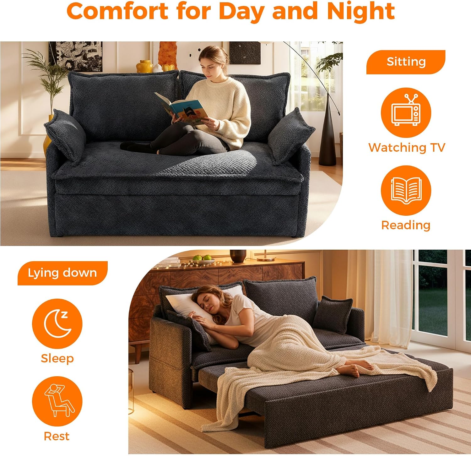 2 in 1 Queen Size Sofa Bed, 59.5' Convertible Sofa with USB/C-Type Ports, Corduroy Sleeper Sofa with Side Pockets, Loveseat Chaise for Small Spaces, Living Room & Bedroom (Grey)