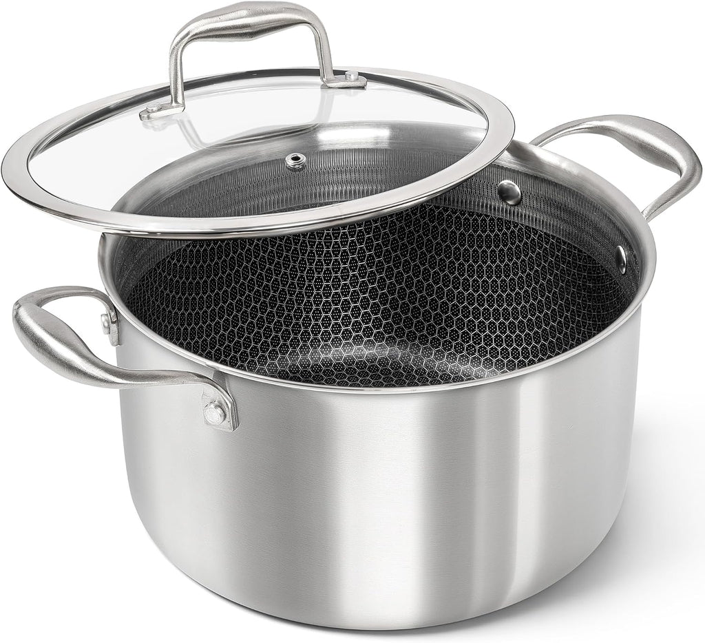 KIKCOIN Tri-Ply Stainless Steel Stock Pot 8 Quart with Lid, 18/10 Stainless Steel Cooking Pot with Honeycomb Interior, Induction Compatible Soup Pot for Gas, Electric & All Cooktops