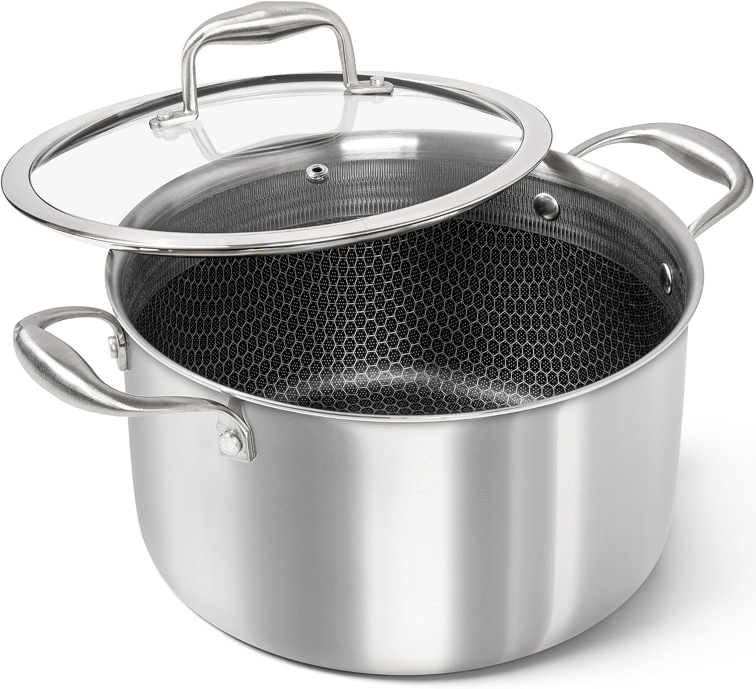 KIKCOIN Tri-Ply Stainless Steel Stock Pot 8 Quart with Lid, 18/10 Stainless Steel Cooking Pot with Honeycomb Interior, Induction Compatible Soup Pot for Gas, Electric & All Cooktops