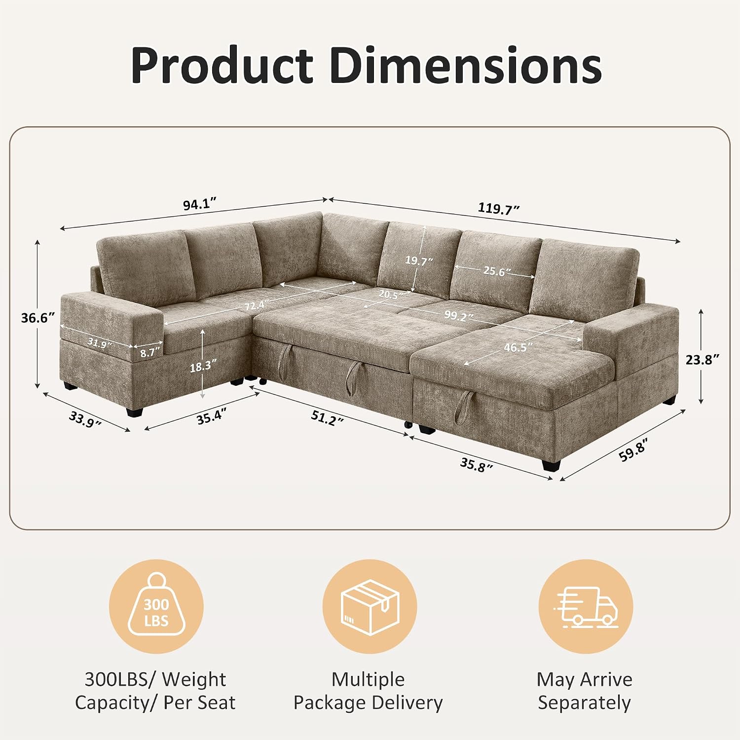 VANOMi 119 Inch Sectional Sleeper Sofa with Storage, 7 Seats Sofas & Couches with Pull Out Bed Chenille Modular Sectional Sofa for Living Room, Apartment, Camel | with Storage, with Pull Out Bed, with Chaise