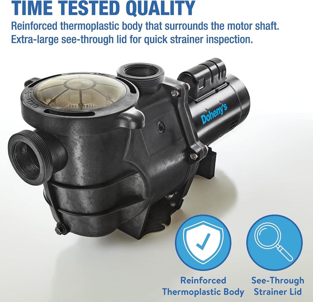 Doheny's Inground Swimming Pool Pro Pump | 1.5 HP, 115V/230V, 97 GPM | Self-Priming, Heavy-Duty, Low-Noise, High-Efficiency | Stainless Steel Shaft, Reinforced Thermoplastic, CSA & ETL Certified