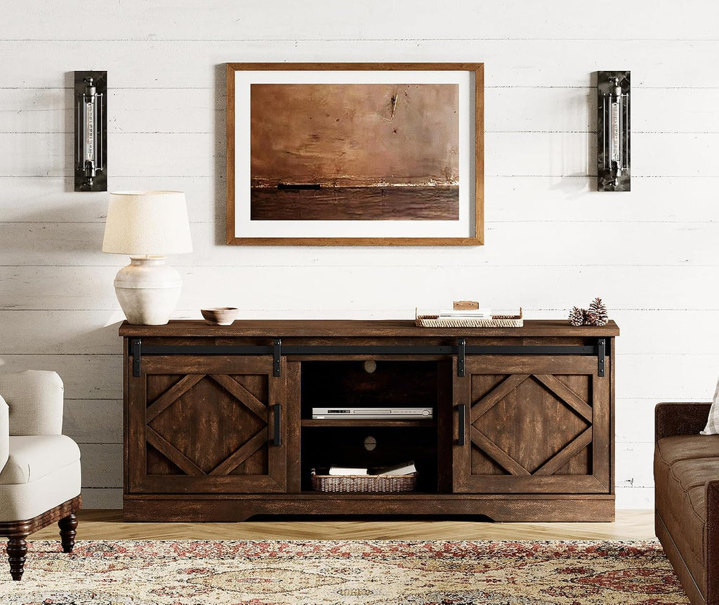 WAMPAT Modern Farmhouse TV Stand for TVs up to 75' with Sliding Barn Doors, 25.6' H Wood Entertainment Center with Adjustable Media Storage Shelf for Living Room, Dark Walnut Brown