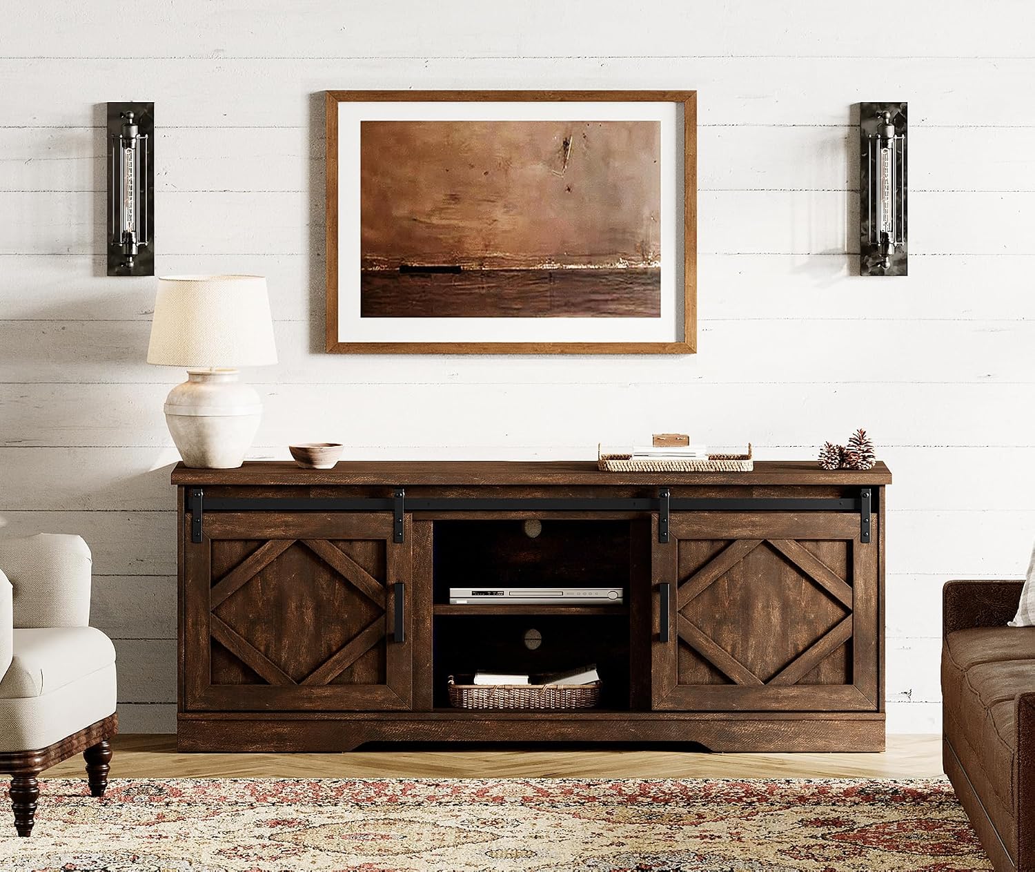 WAMPAT Modern Farmhouse TV Stand for TVs up to 75' with Sliding Barn Doors, 25.6' H Wood Entertainment Center with Adjustable Media Storage Shelf for Living Room, Dark Walnut Brown