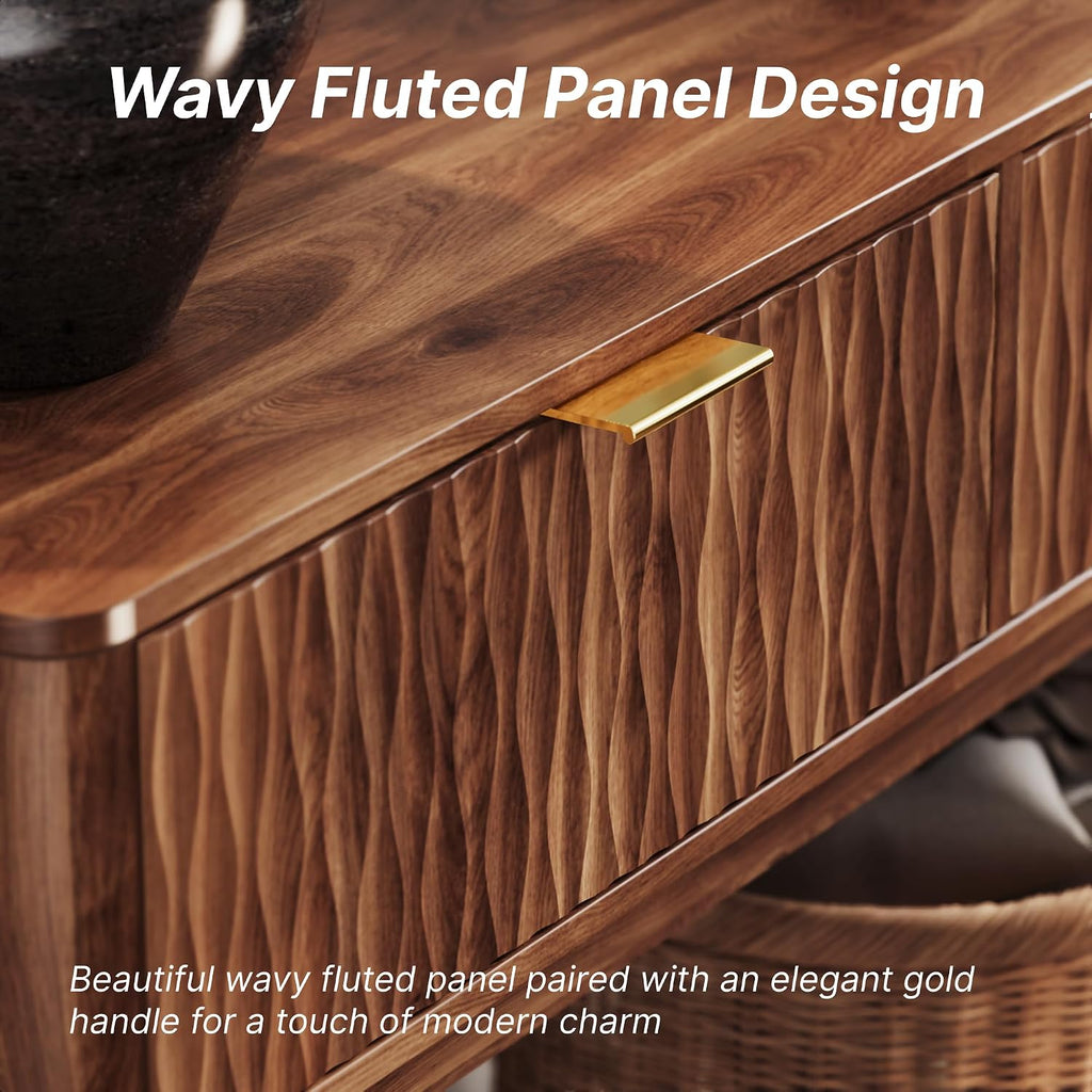 Console Table with Solid Wood Leg,Fluted Entryway Table with Storage Drawers, Mid-Century Modern Narrow Console Table for Living Room,Hallway,Walnut