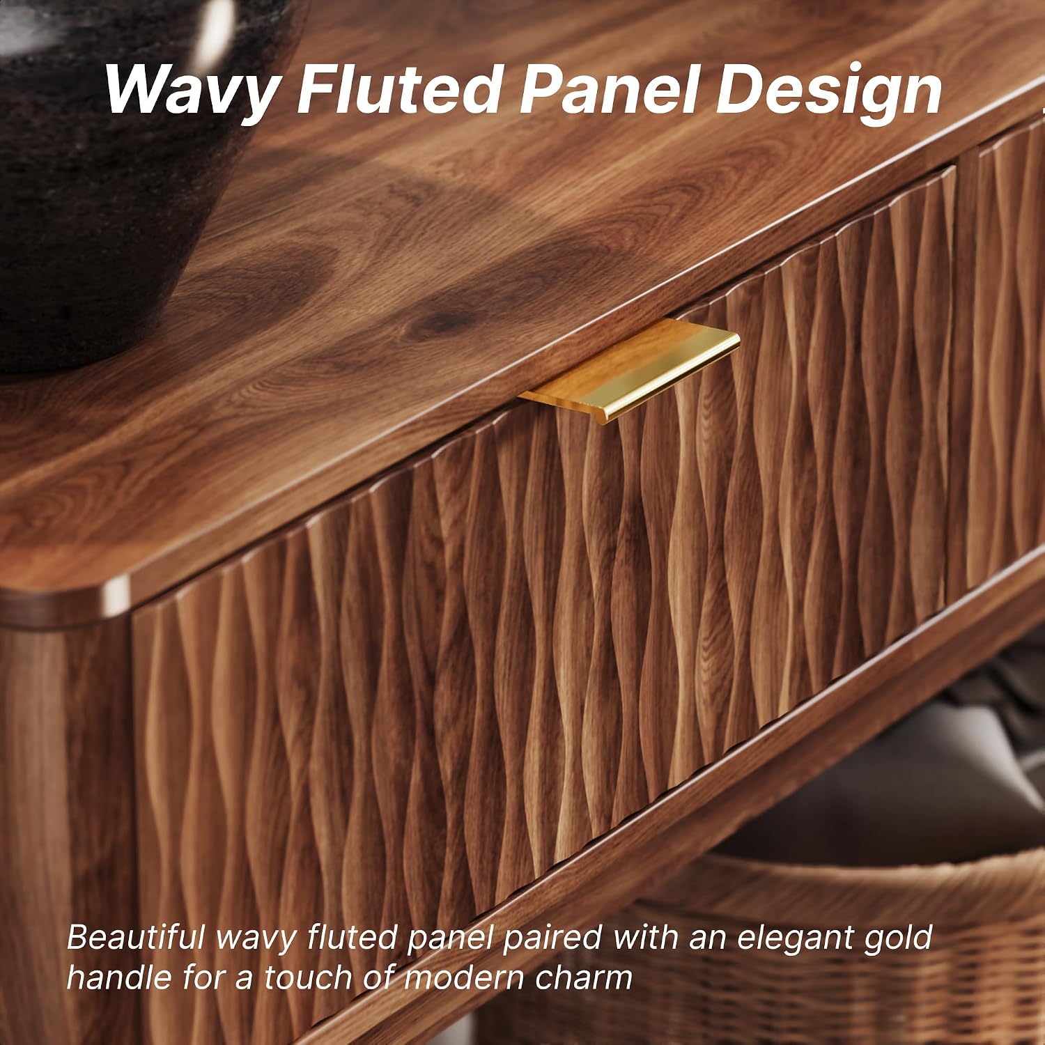 Console Table with Solid Wood Leg,Fluted Entryway Table with Storage Drawers, Mid-Century Modern Narrow Console Table for Living Room,Hallway,Walnut