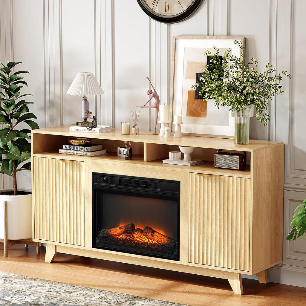 Bonnlo 58' Electric Fireplace TV Stand for 70-Inch TVs - Modern Media Console with Adjustable Shelves, Open Storage, Built-in Heater & 6 Flame Colors, Finish - Perfect for Living Room & Bedroom, Oak