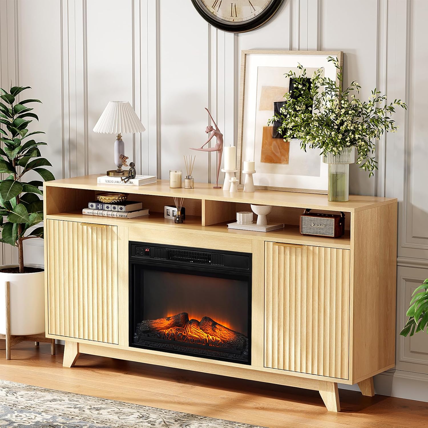 Bonnlo 58' Electric Fireplace TV Stand for 70-Inch TVs - Modern Media Console with Adjustable Shelves, Open Storage, Built-in Heater & 6 Flame Colors, Finish - Perfect for Living Room & Bedroom, Oak