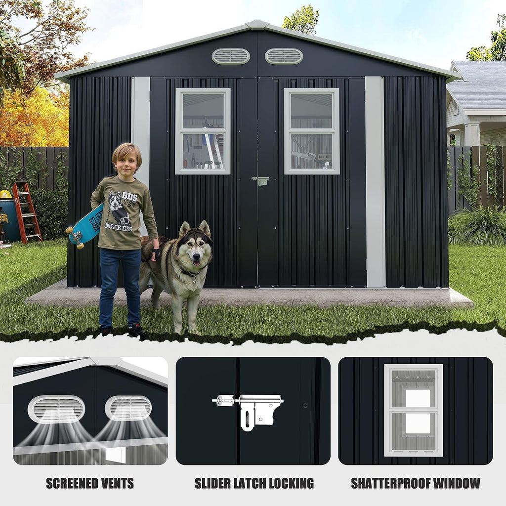 Metal Outdoor Storage Shed, 8x8 ft with Lockable Doors, Four Daylight Windows, Screened Vents, 120 sq ft Storage Space, Outdoor Garden Room ，Outdoor Pet Room (Dark Gray 8x8FT)