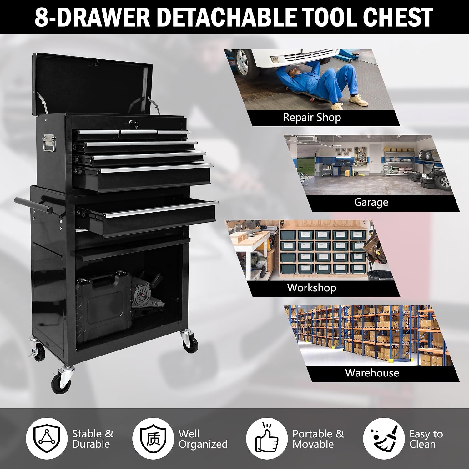 8-Drawer Tool Chest,Rolling Tool Box with Detachable Top Toolbox & Key Lock,Tool Cabinet with Universal Lockable Wheels,Lock Bar,Protective Liner,Metal Storage Cart for Garage,Workshop (Black)