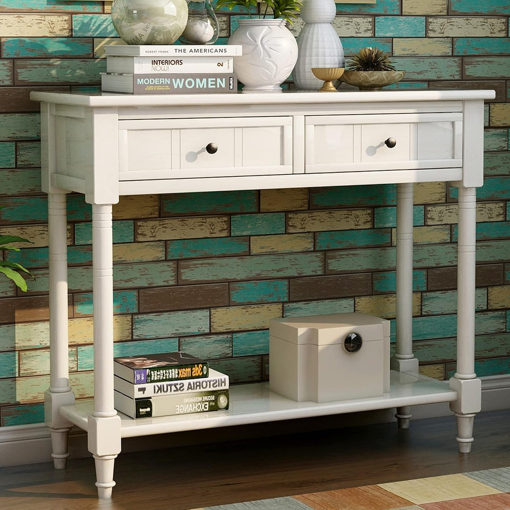 Merax Wood Sofa Table Console Table,Entryway Table Traditional Design with Two Drawers and Bottom Shelf for Living Room,Hallway,Dining Room,Lvory White