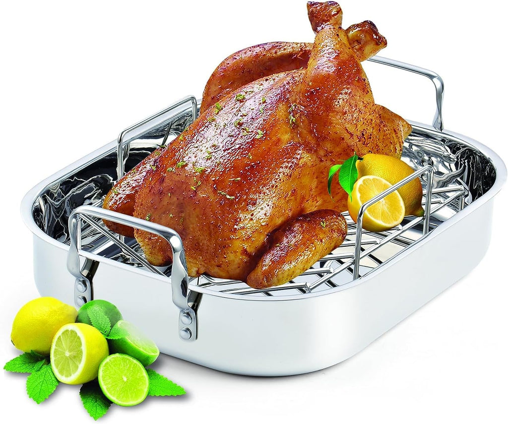 Cooks Standard Classic 16 x 13 Inch Stainless Steel Roaster Pan with V-Shaped Rack, Turkey Roasting Pan with Rack, Large Capacity, Oven and Dishwasher Safe
