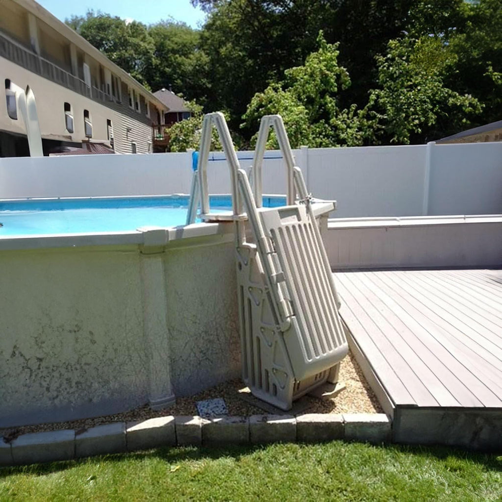 Vinyl Works 24 Inch Double Pool Step Ladder with Gate, Adjustable Stair Entry System with Handrails for Above Ground Swimming Pools, Taupe