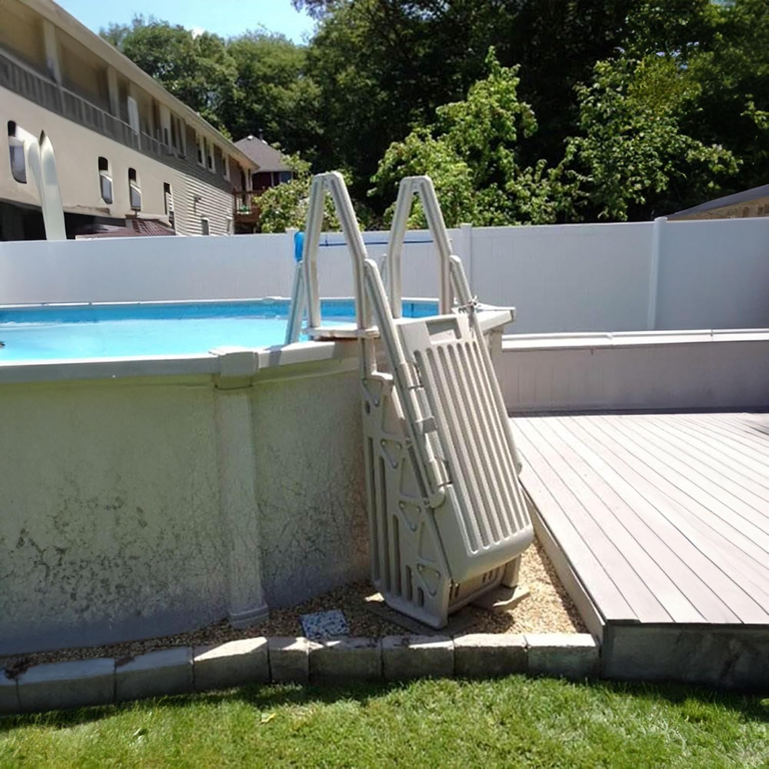 Vinyl Works 24 Inch Double Pool Step Ladder with Gate, Adjustable Stair Entry System with Handrails for Above Ground Swimming Pools, Taupe