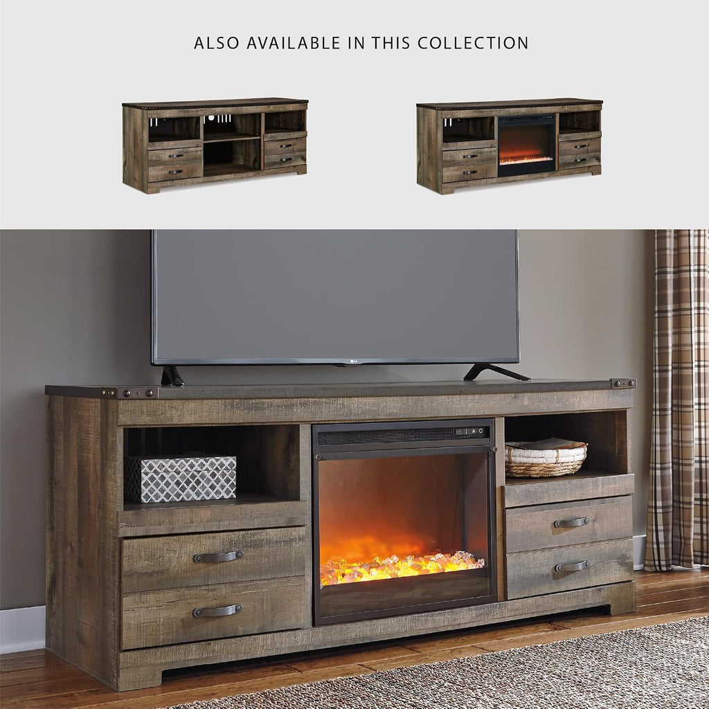 Signature Design by Ashley Trinell 63' TV Stand with Electric Fireplace, Rustic Wood Look Media Console with LED Flame Insert, Storage Drawers and Remote‑Controlled Heat for Warmth