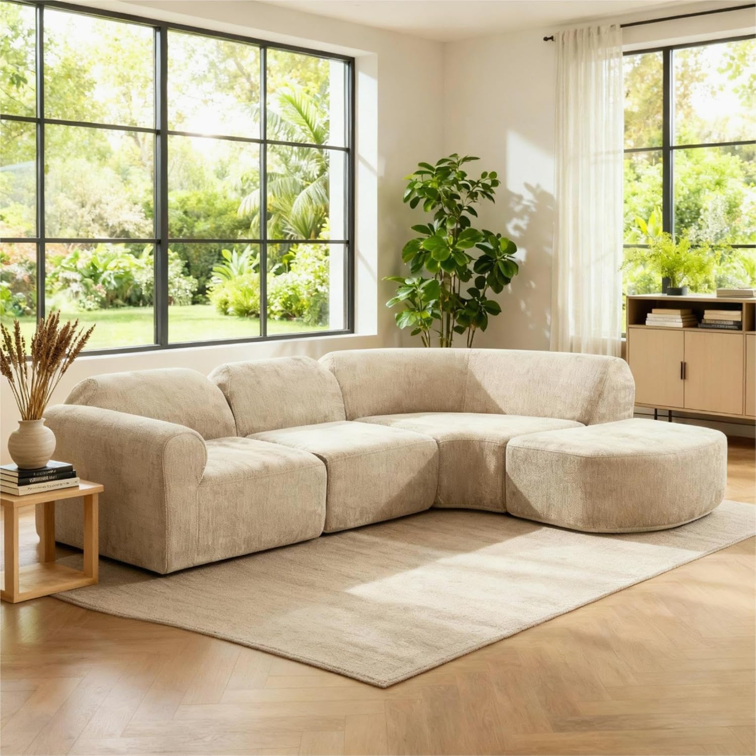 Christopher Knight Home Midel 111' Modular L-Shape Sofa Couch with Chaise Lounge, Modern Boneless Sofa for Living Room, Fabric Upholstered Cloud Couch with Deep Seat, Dark Beige