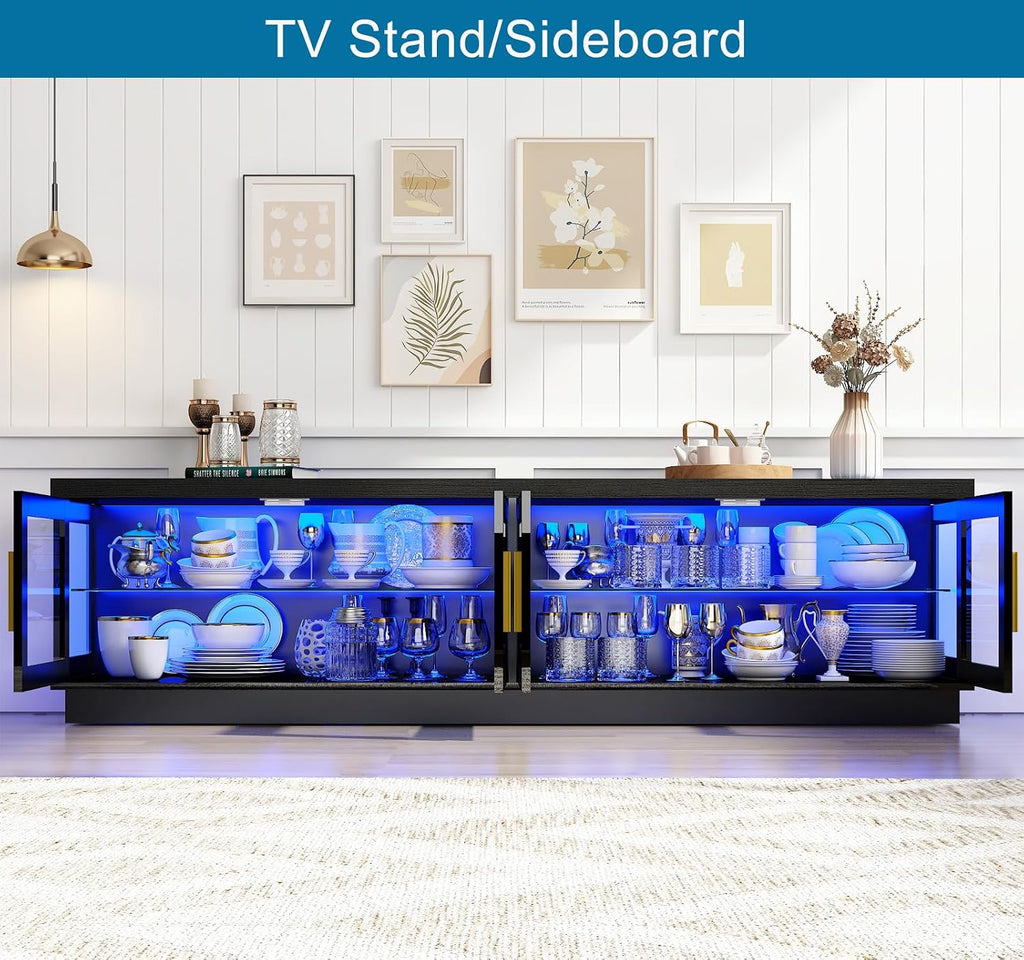 Hlivelood 71IN LED TV Stand for 85/80/75inch TV,High Glossy Modern Black TV Stands for Living Room,Gaming Entertainment Center with Storage Cabinet,RGB LED(Black)