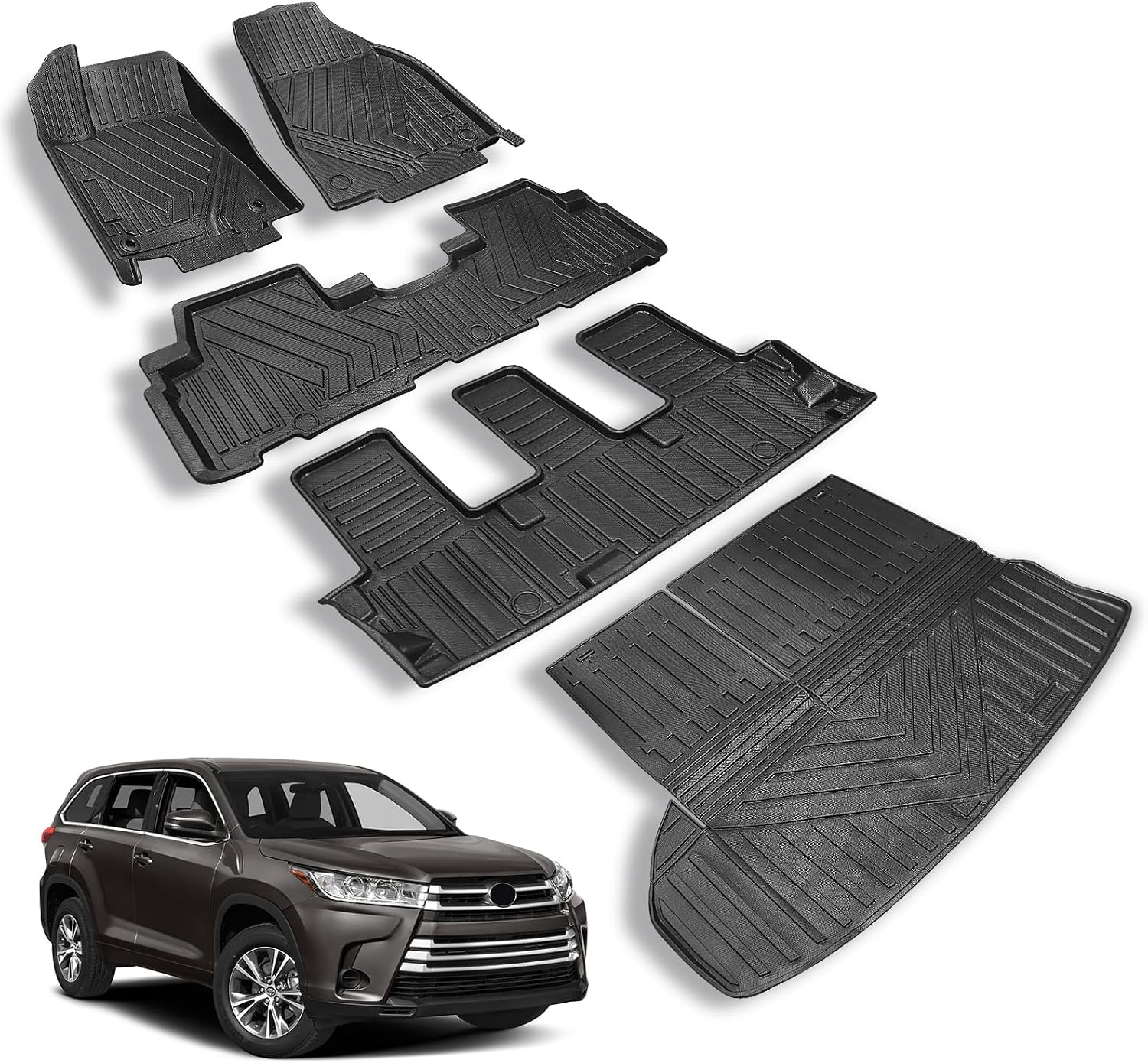 Compatible for 2014-2019 Toyota Highlander Floor Mats & Seat Back Cover & Cargo Liner 7 Passenger Model All-Weather TPE Floor Mats Compatible with Toyota Highlander Accessories (Full Set)
