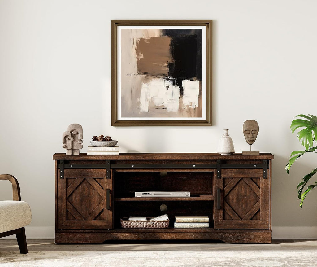 WAMPAT Modern Farmhouse TV Stand for TVs up to 65' with Sliding Barn Doors, 23.6' H Wood Entertainment Center with Adjustable Media Storage Shelf for Living Room, Dark Walnut Brown