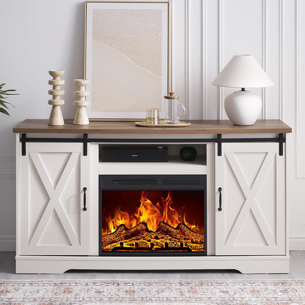 AMERLIFE 59' Fireplace TV Stand for TVs up to 65', Farmhouse Entertainment Center with Sliding Barn Doors, Storage Cabinets and Adjustable Shelves, Distressed White & Barnwood