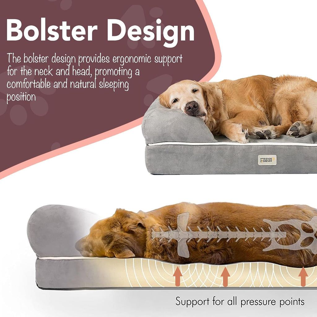 Friends Forever Orthopedic Dog Bed, Memory Foam Pet Sofa, Calming Dog Couch, Water Resistant Pet Bed, Washable Cover, Non-Slip Bottom, Chester, Grey, 25' x 20' x 5.5'