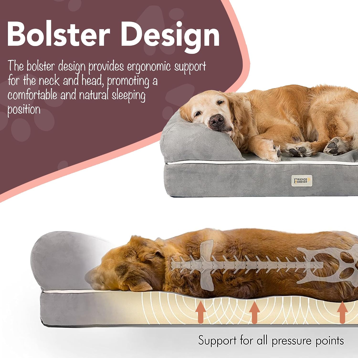Friends Forever Orthopedic Dog Bed, Memory Foam Pet Sofa, Calming Dog Couch, Water Resistant Pet Bed, Washable Cover, Non-Slip Bottom, Chester, Grey, 25' x 20' x 5.5'