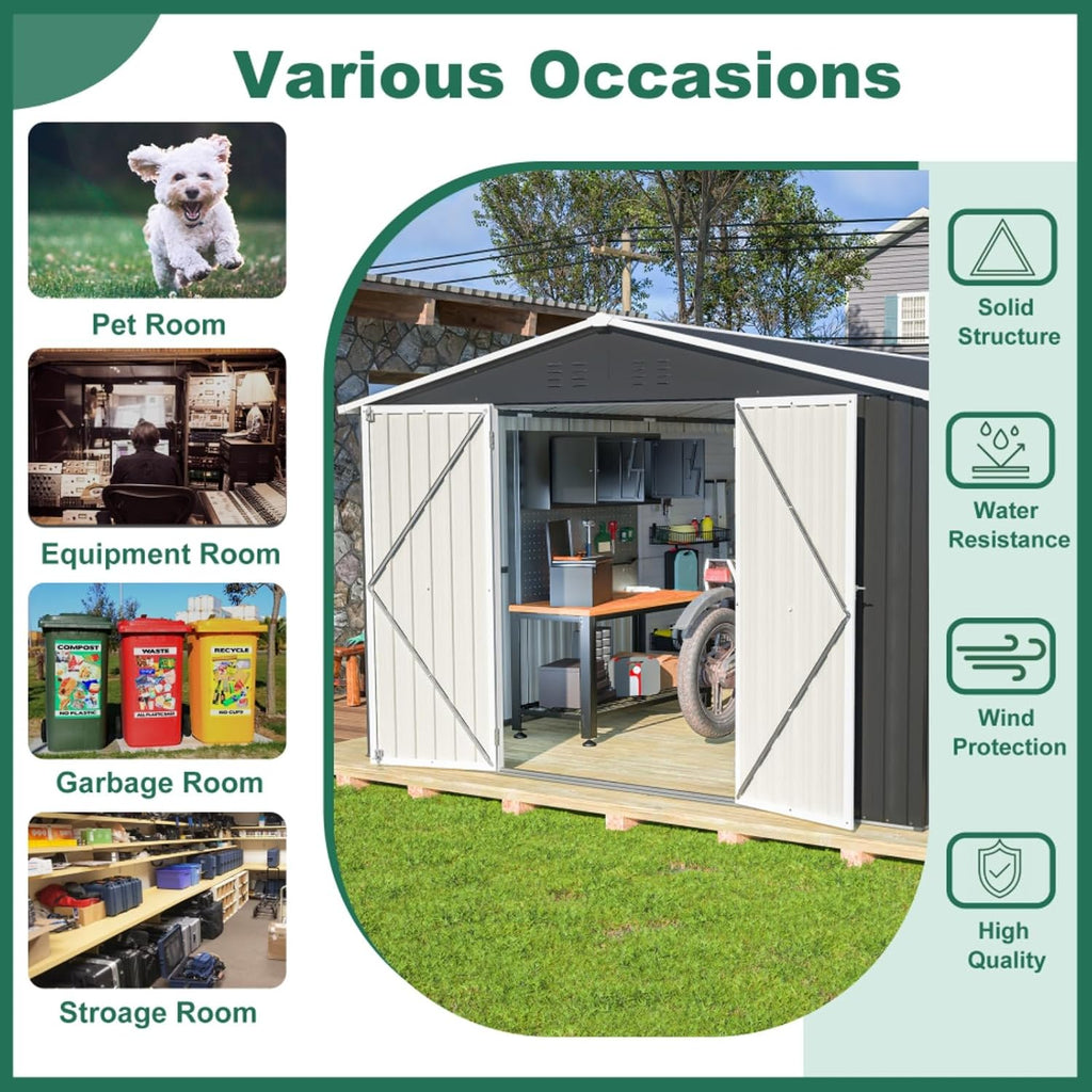 Outdoor Storage Shed 10x12 FT, Metal Tool Shed with Lockable Doors & Reinforced Frame, Large Waterproof Garden Shed for Backyard, Lawn Mower, Patio Furniture - Includes Padlock & Gloves, Black