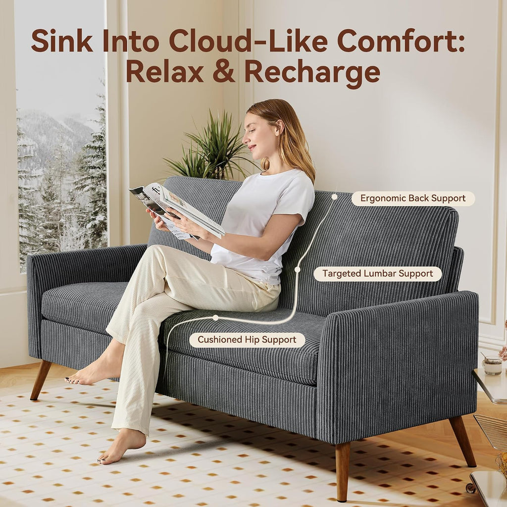 Vipbear 68' Loveseat Sofa - Dark Grey, Comfy Corduroy with Spring Cushion, Solid Wood Frame, Modern Deep Seat, Bedroom & Living Room, Office Small Couch