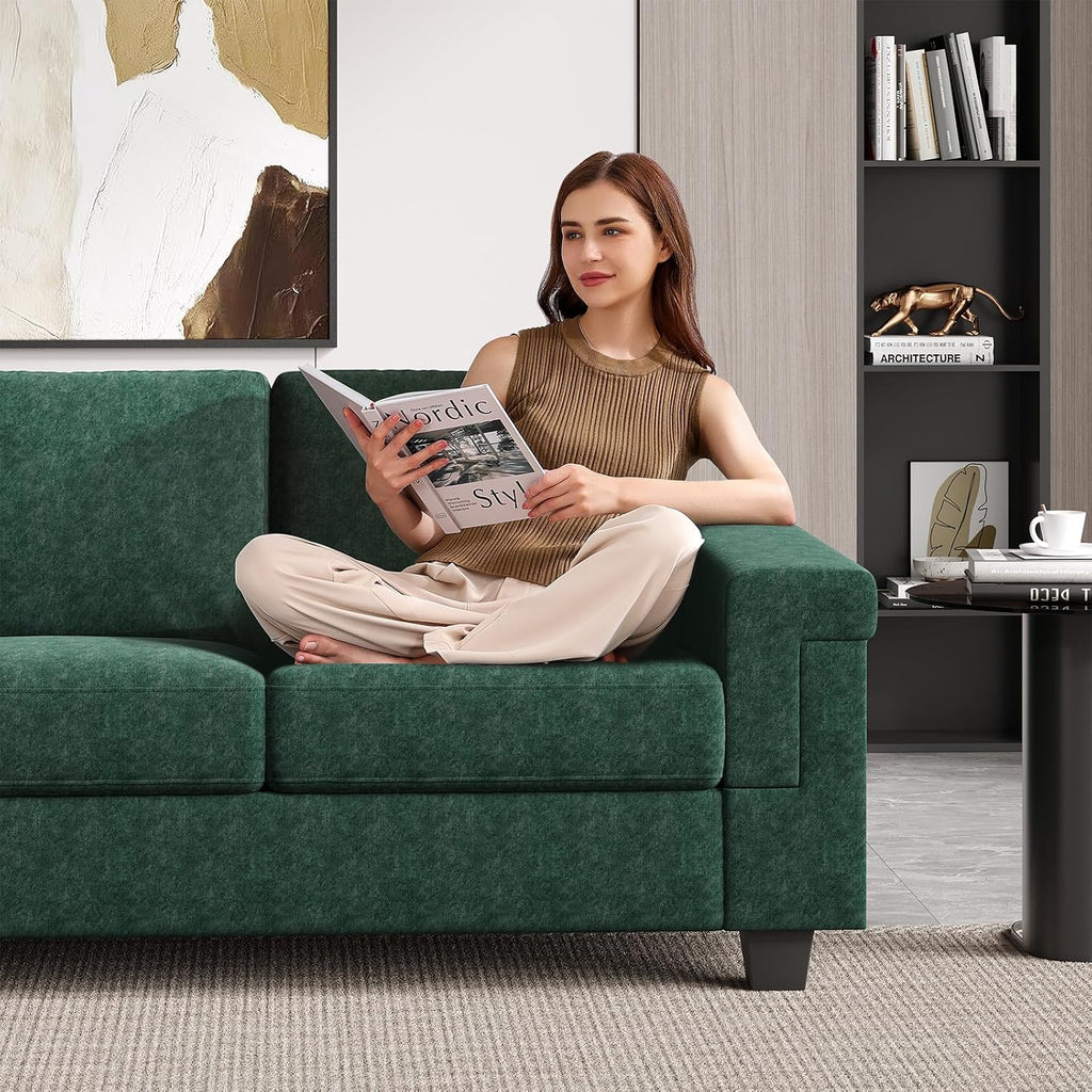COPIAE 3 Seater Sofa Couch with Deep Seat, 90' Modern Upholstered Sofa with Armrests, Easy Installation, Comfy Couches for Living Room, Apartment, Green