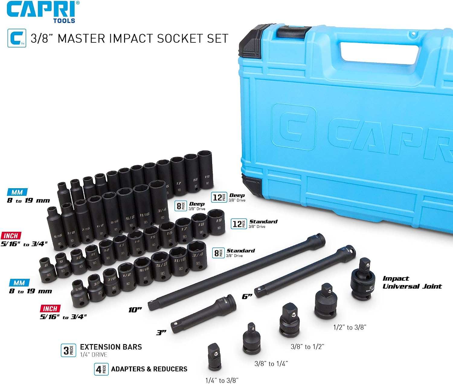Capri Tools 3/8-Inch Drive Master Impact Socket Set with Adapters and Extensions, Premium Chrome Molybdenum Steel, 48-Piece