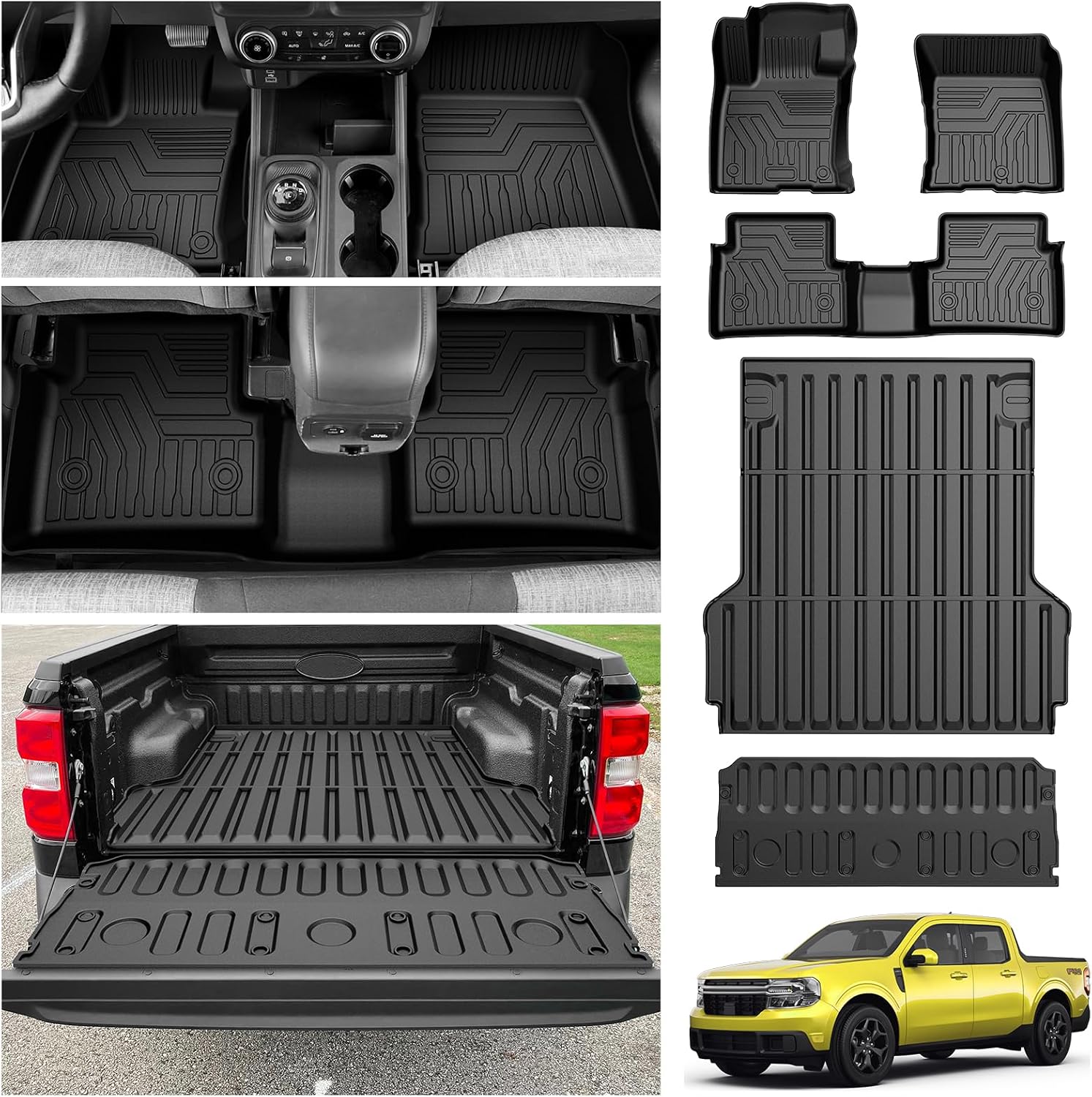 KUST Floor Mats Truck Bed Liner for 2022-2025 2026 Ford Maverick Accessories (Gas Only), 4.5FT Bed Mat & All Weather Floor Liners & Tailgate Mat, Full Set Truck Mats TPE Rubber, Raised Edge