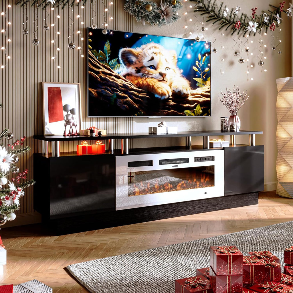 MXV 70' Fireplace TV Stand, Modern Entertainment Center & 36 Inch Electric Fireplace with Remote Control, LED Light, Fire Place Tv Stand for Living Room for TVs up to 80', Black + White