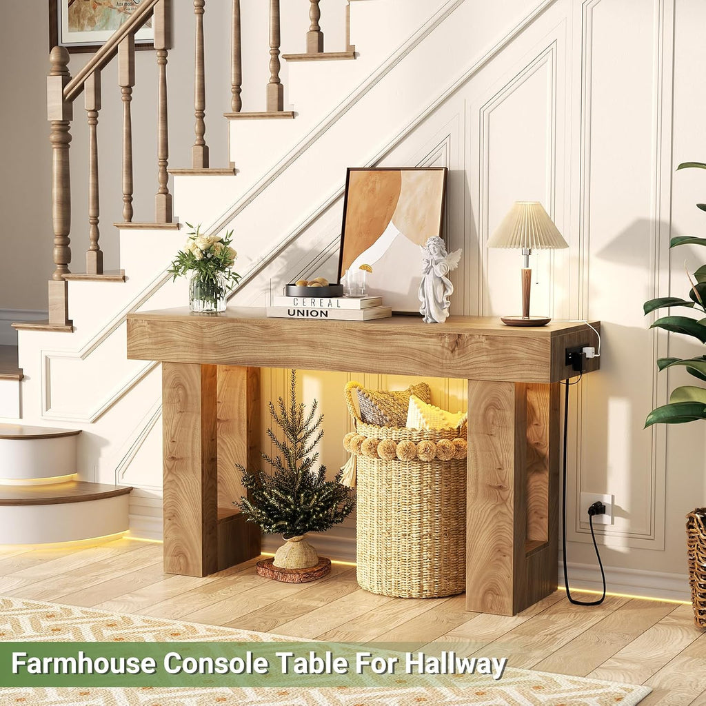 Unikito 47' Entryway Table with Socket and Sensor Light, Narrow Console Table with Storage Behind Couch, Farmhouse Entry Way Tables with Open Storage for Entrance/Hallway/Living Room, Natural Oak