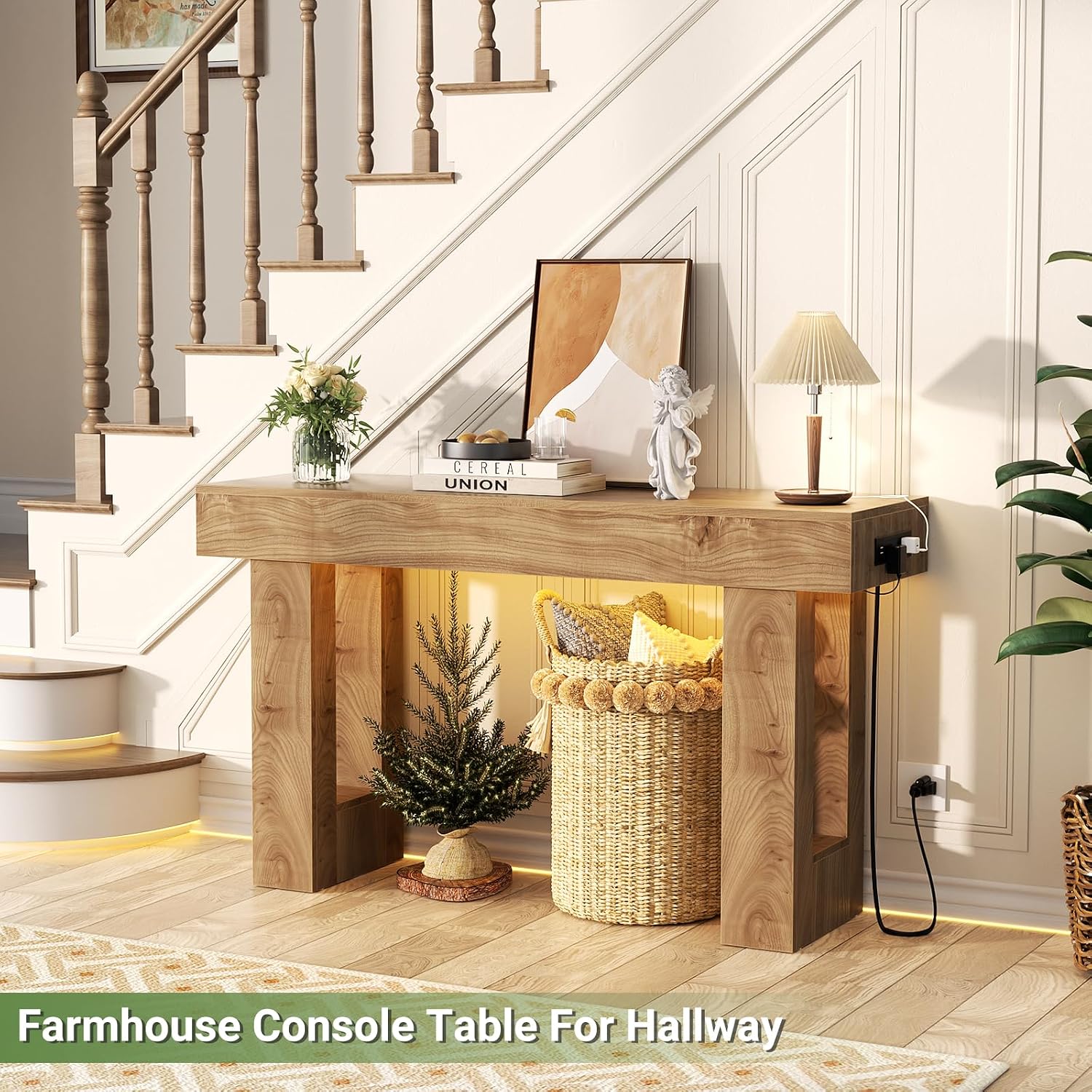 Unikito 47' Entryway Table with Socket and Sensor Light, Narrow Console Table with Storage Behind Couch, Farmhouse Entry Way Tables with Open Storage for Entrance/Hallway/Living Room, Natural Oak