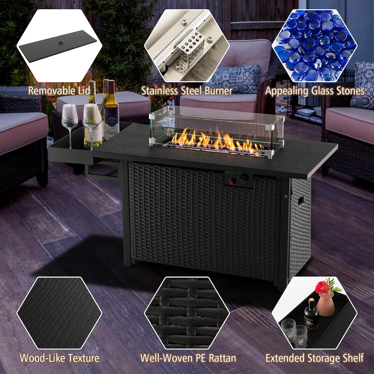 Tangkula Patio Propane Fire Pit Table, 52 Inch Wicker Gas Fire Pit with Wind Guard & Extended Shelf, 50,000 BTU Heat Output, Rectangular Fire Table with Blue Fire Stone & Waterproof Cover (Black)