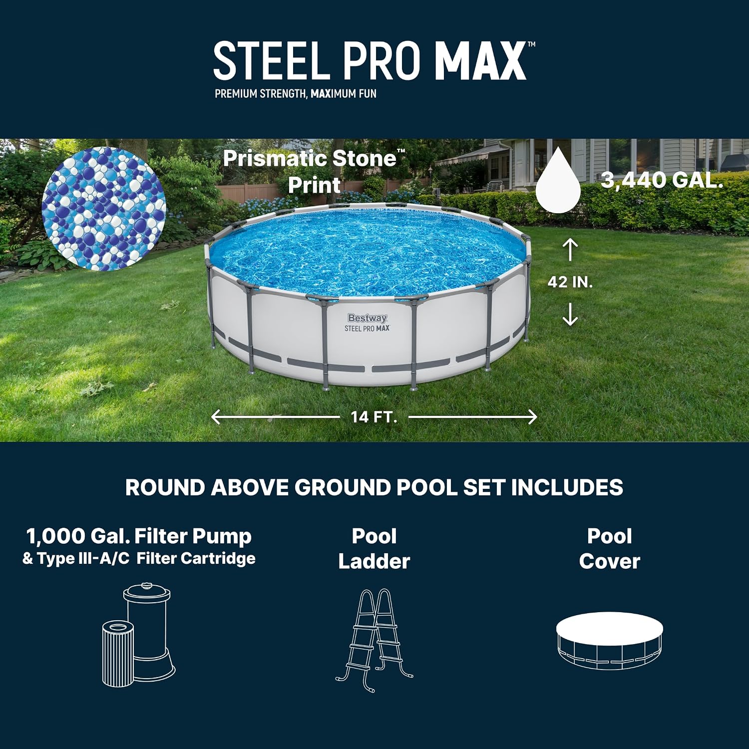 Bestway Steel Pro MAX 14' x 42' Above Ground Pool, Round Metal Frame Outdoor Swimming Pool Set with Filter Pump, Ladder, and Cover, Gray
